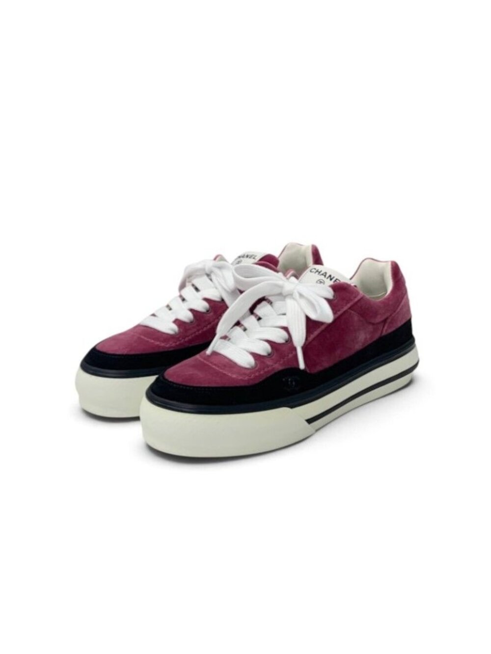 Chanel Sneakers Velour Suede Pink Black White CC Logo